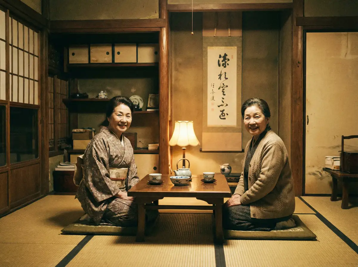 两位优雅的 今日看料 在日式茶室中品茶交谈